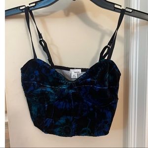 Garage Black and Blue Floral Velvet Bustier Crop Top in Size XS